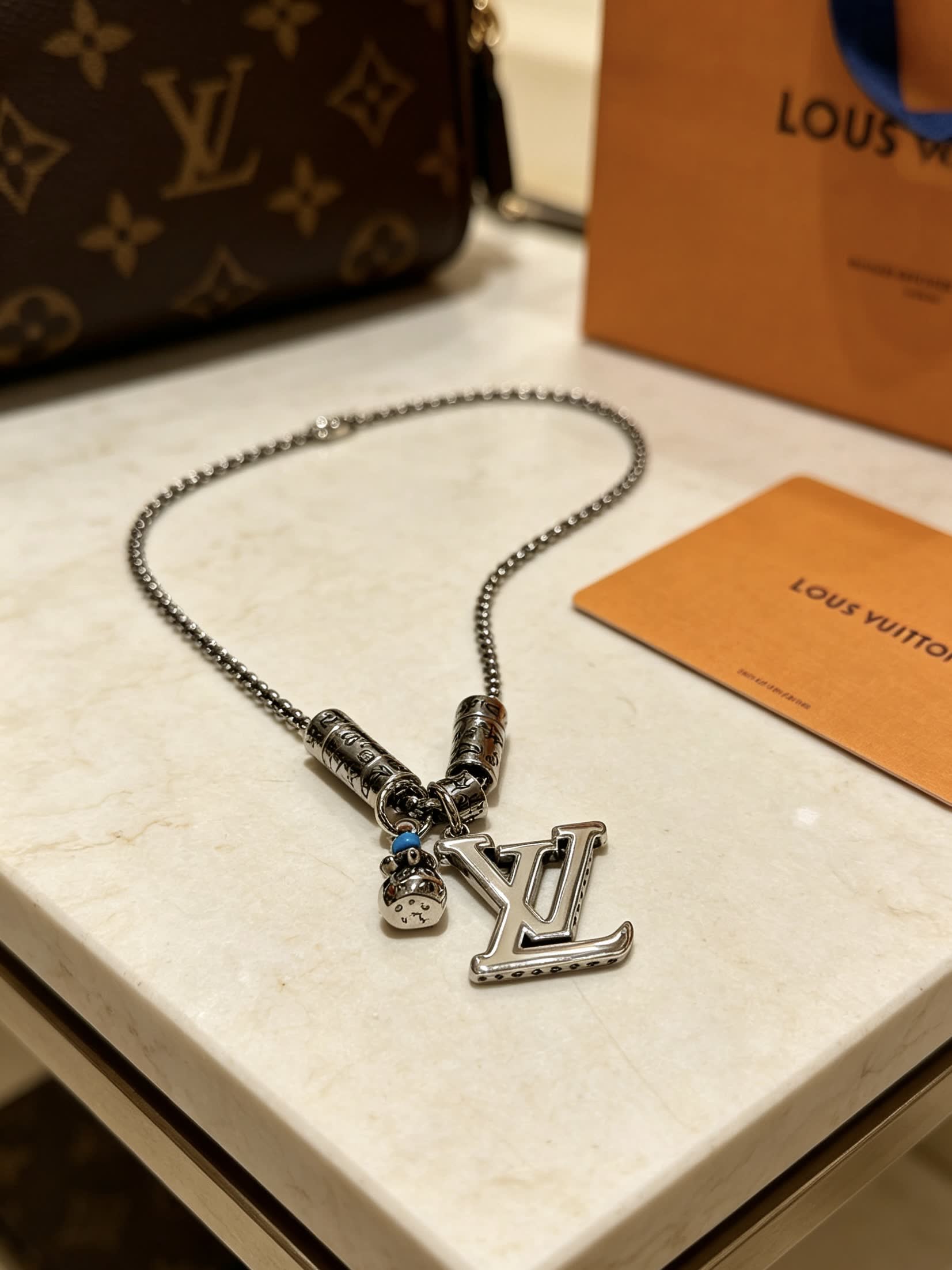 Louis Vuitton Silver Tone Chain Necklace with LV Logo and Charms